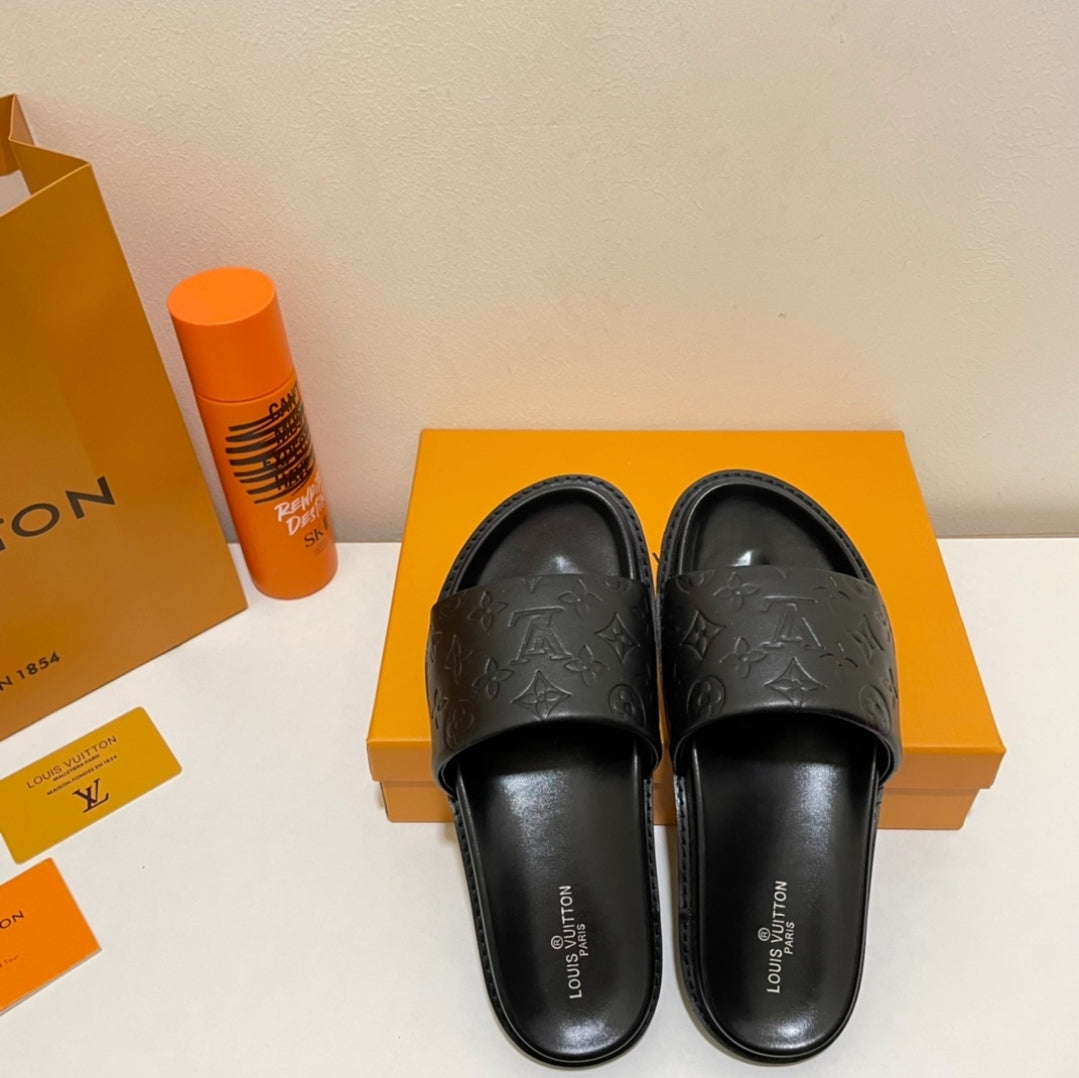 PRE-ORDER BLACK LV EMBOSSED SLIDES