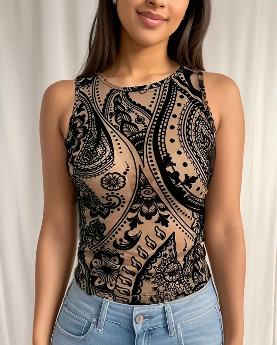 ON HAND WORD MESH SEE THROUGH SLEEVELESS WOMAN STRETCHY SHIRT