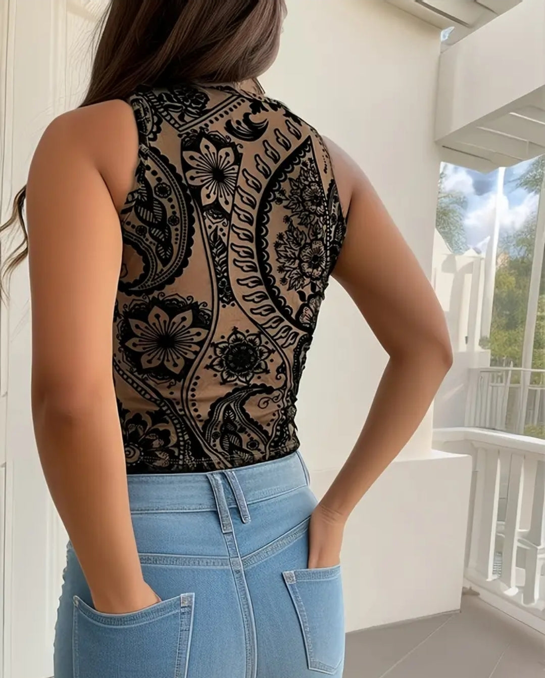 ON HAND WORD MESH SEE THROUGH SLEEVELESS WOMAN STRETCHY SHIRT