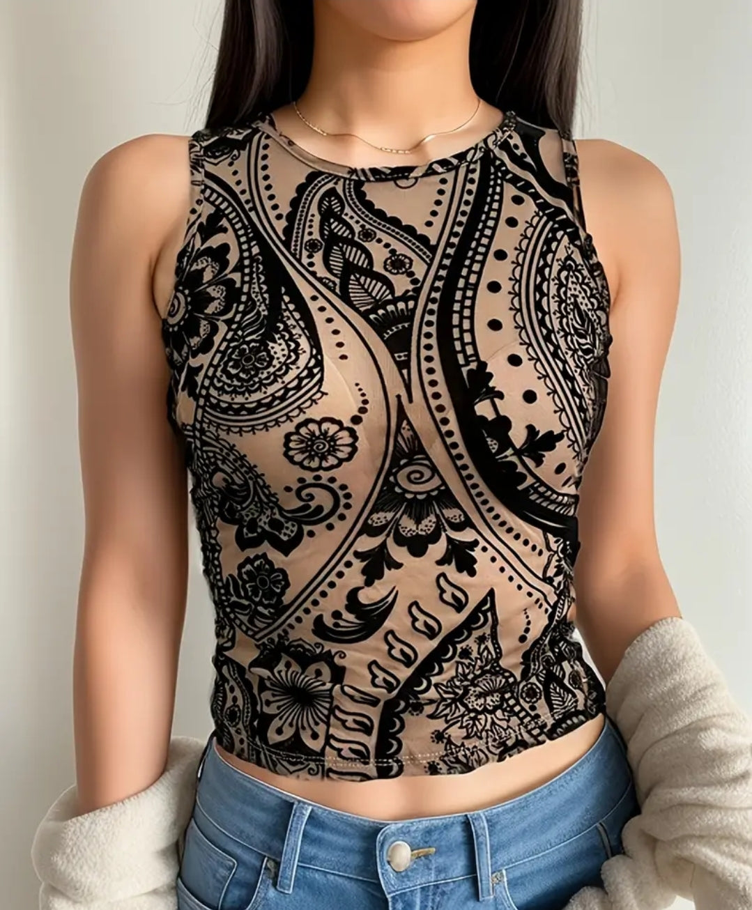 ON HAND WORD MESH SEE THROUGH SLEEVELESS WOMAN STRETCHY SHIRT