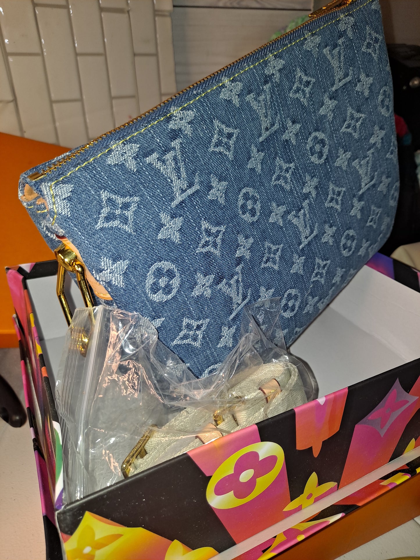 DENIM LV SLIDES OR DENIM LV CUZZIN CROSSBODY BAG