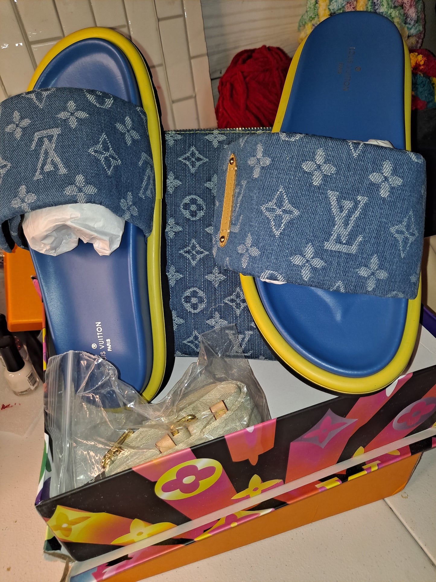 DENIM LV SLIDES OR DENIM LV CUZZIN CROSSBODY BAG