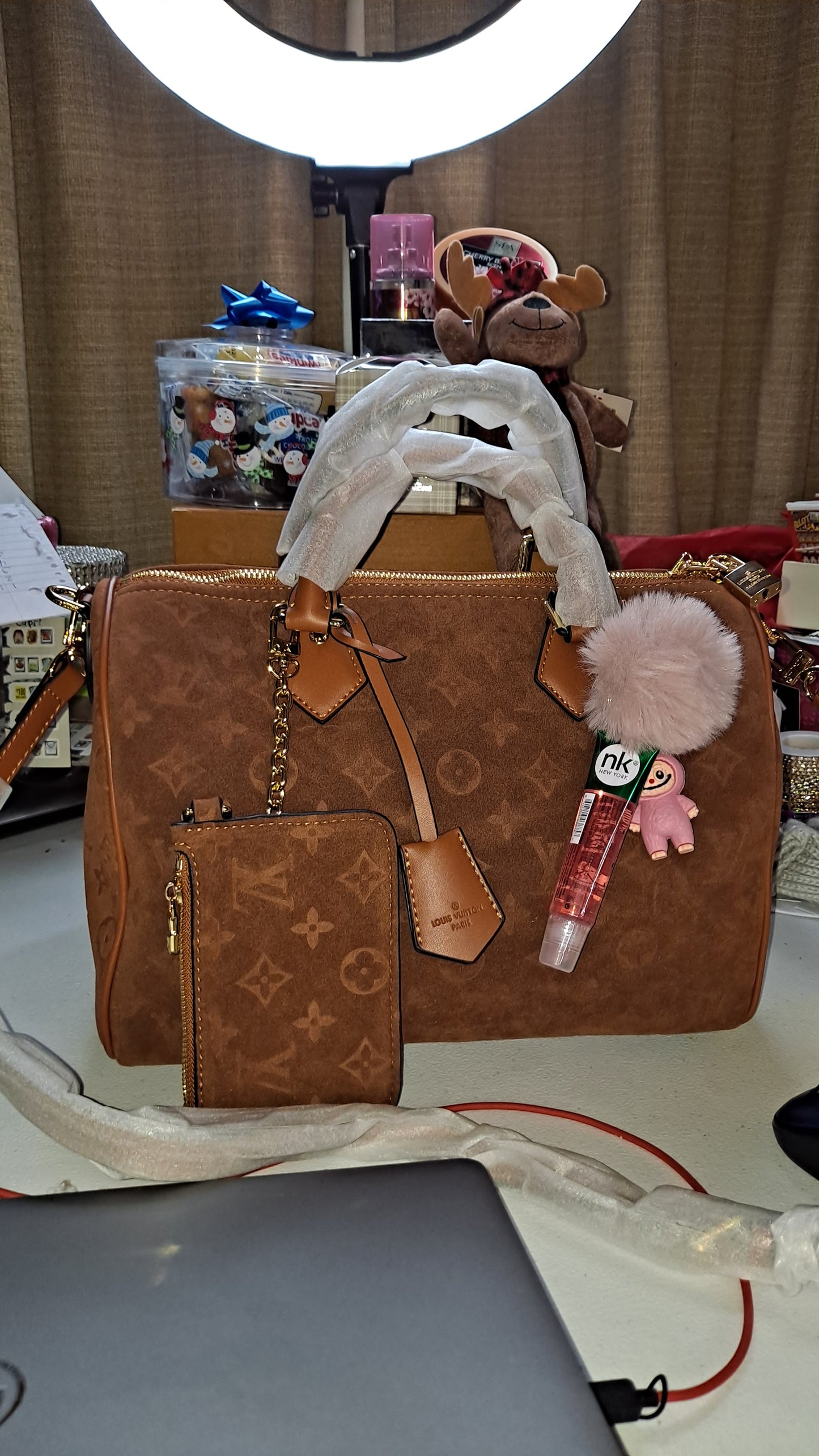 LV SUEDE SPEEDY 35CM CROSSBODY BAG & COIN PURSE