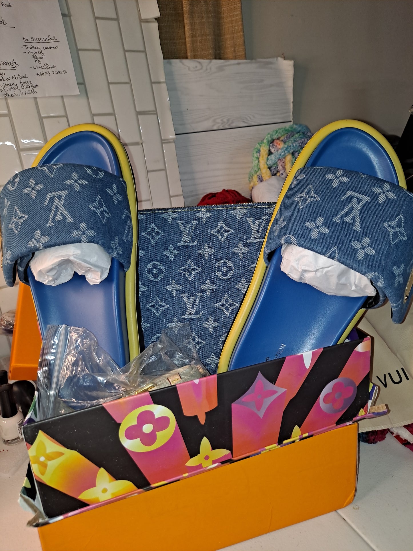 DENIM LV SLIDES OR DENIM LV CUZZIN CROSSBODY BAG