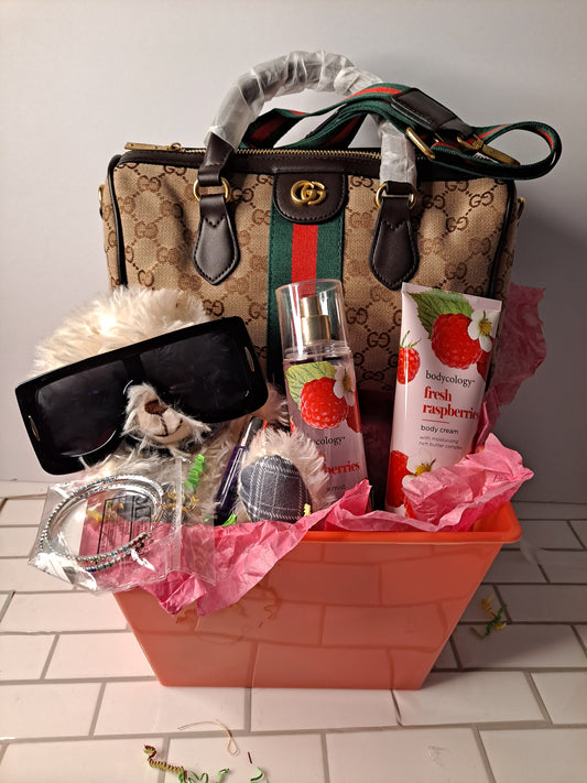 GG SPEEDY GIFT BASKET BUNDLE BAG LOTION & BODY SPRAY GLASSES BEAR BRACELET LIP GLOSS