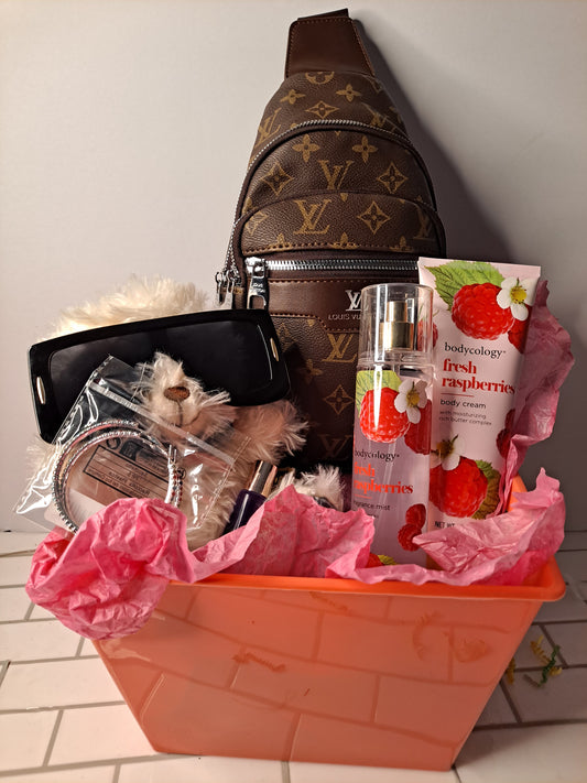 LV SLING GIFT BASKET BUNDLE BAG LOTION & BODY SPRAY GLASSES BEAR BRACELET LIP GLOSS