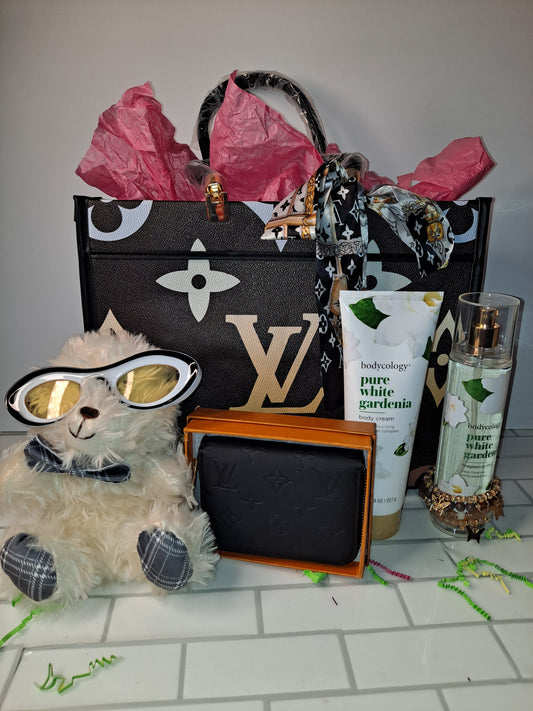 LV TOTE GIFT BASKET BUNDLE BAG LOTION & BODY SPRAY GLASSES BEAR BRACELET WALLET