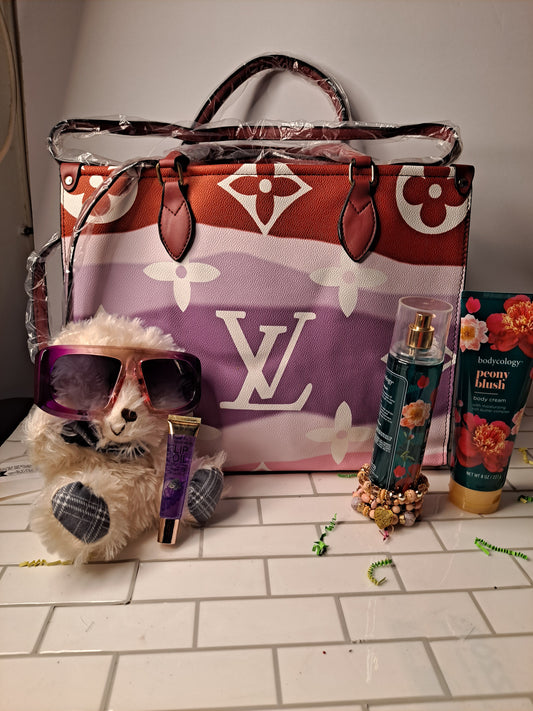 LV TYED DYED TOTE CROSSBODY GIFT BASKET BUNDLE BAG LOTION & BODY SPRAY GLASSES BEAR BRACELET