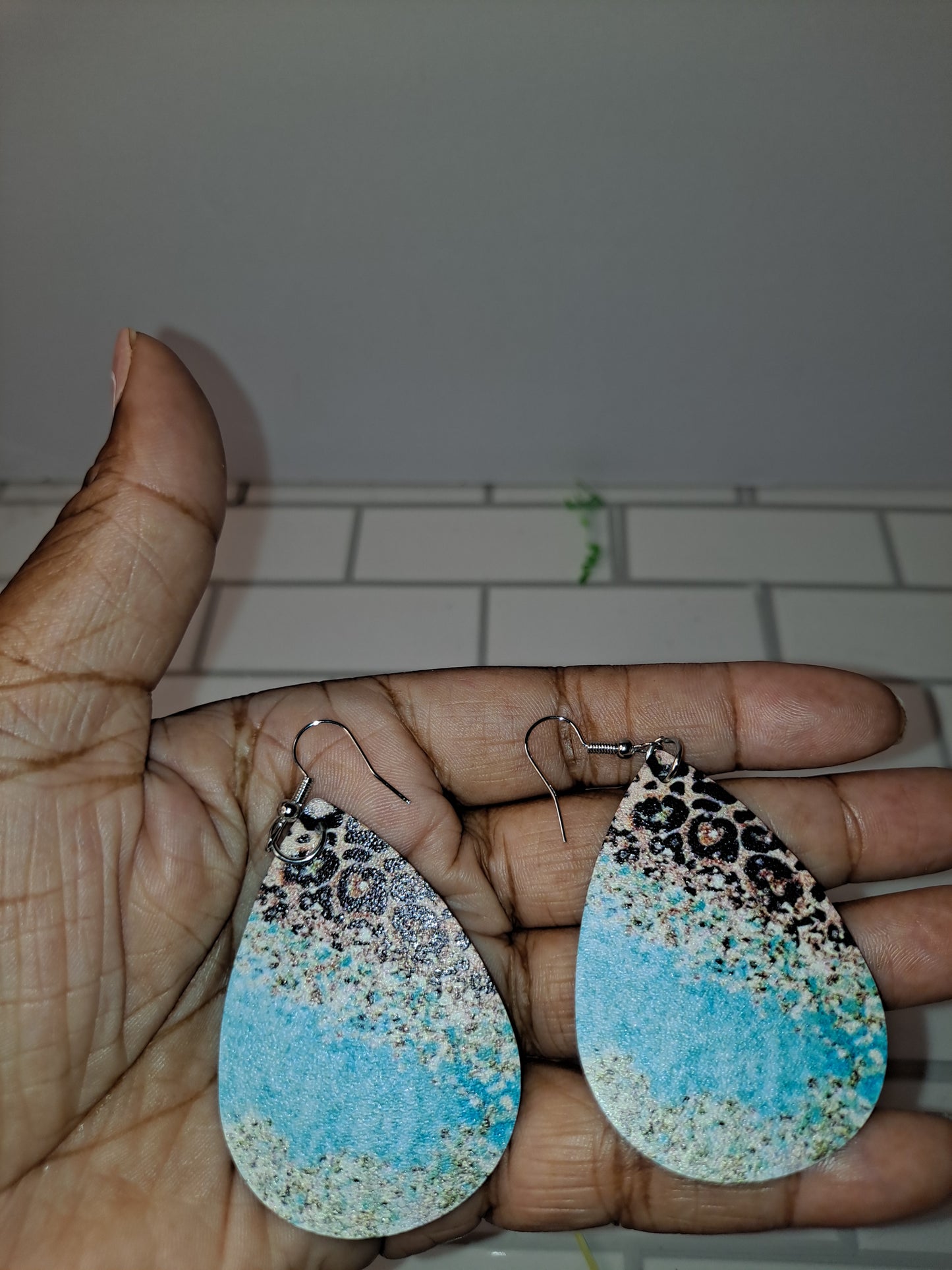 BLUE LEOPARD FISH HOOK EARRINGS