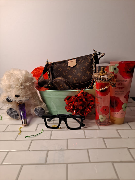 LV CROSSBODY GIFT BASKET BUNDLE BAG LOTION & BODY SPRAY GLASSES BEAR BRACELET LIP GLOSS