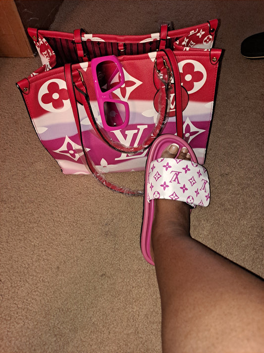 LV PINK SET BAG, SLIDES SIZE 9.5/ 10. SHADES