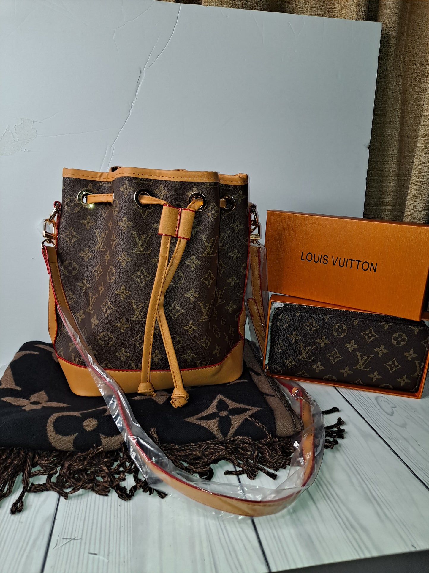 ON HAND LV BUCKET BAG, WALLET, SCARF