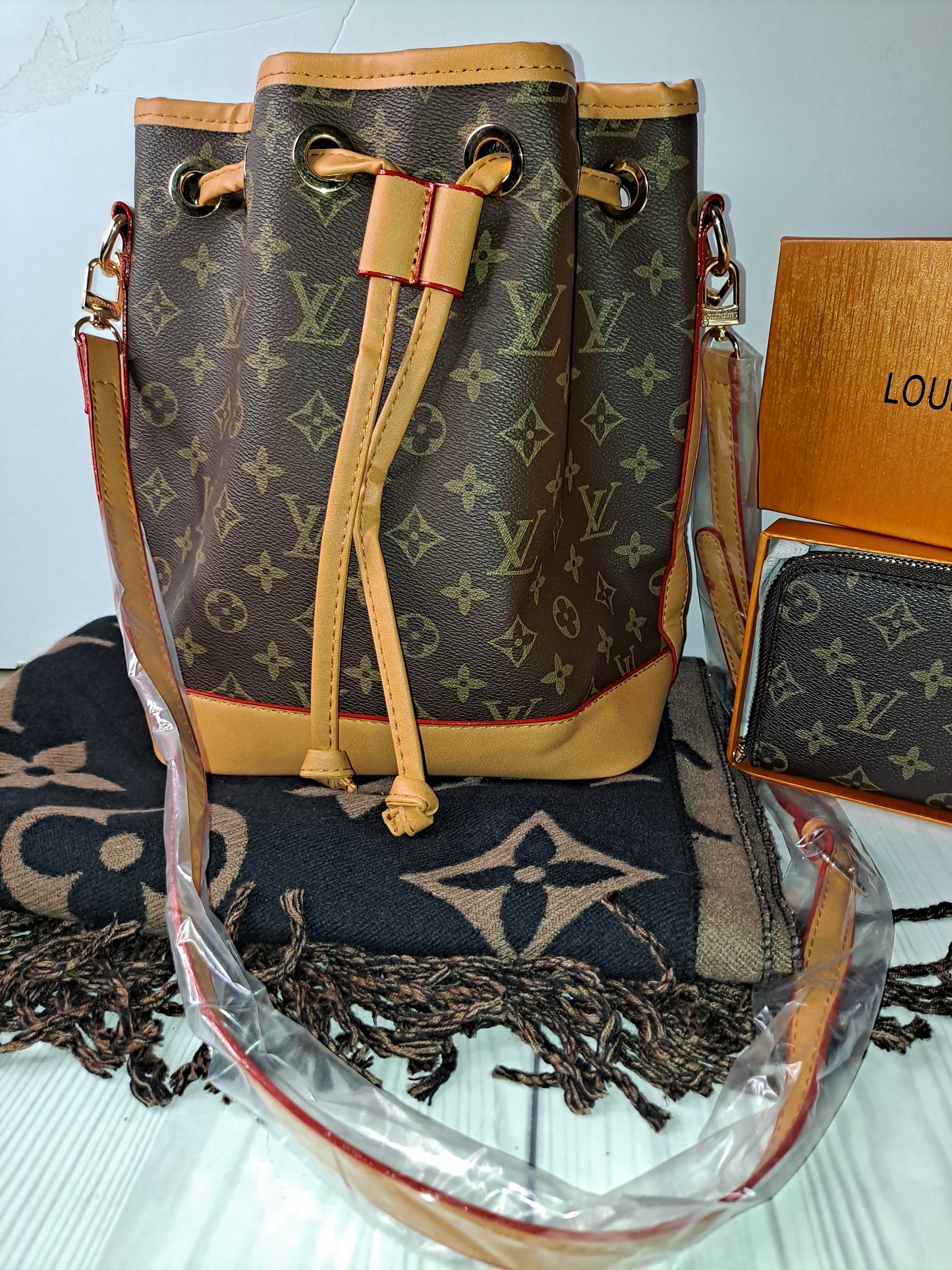 ON HAND LV BUCKET BAG, WALLET, SCARF