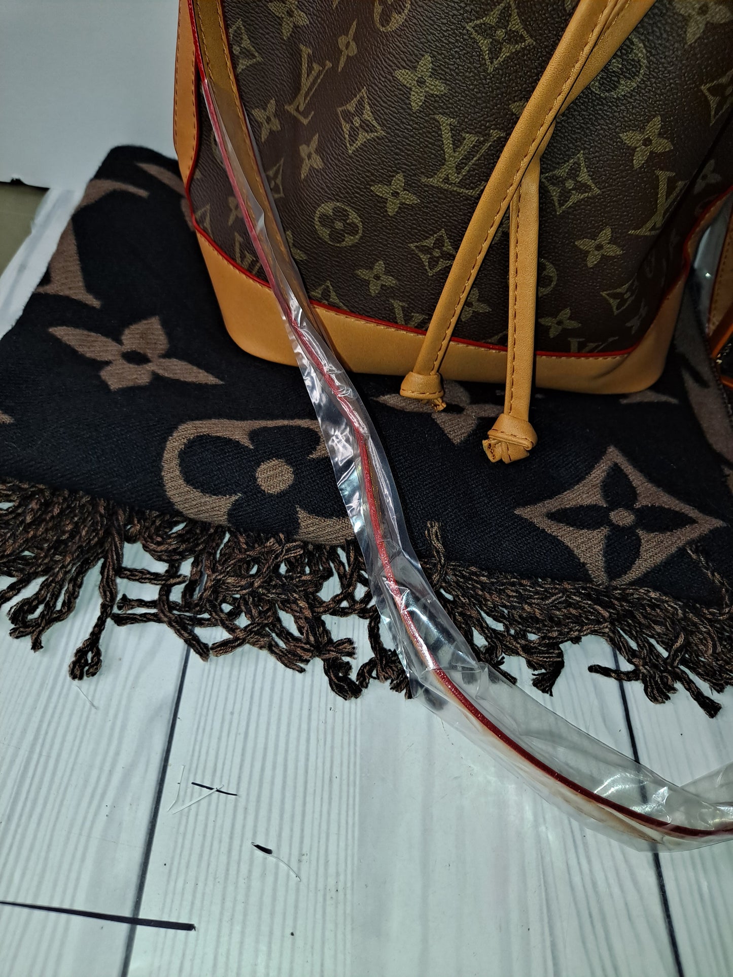 ON HAND LV BUCKET BAG, WALLET, SCARF