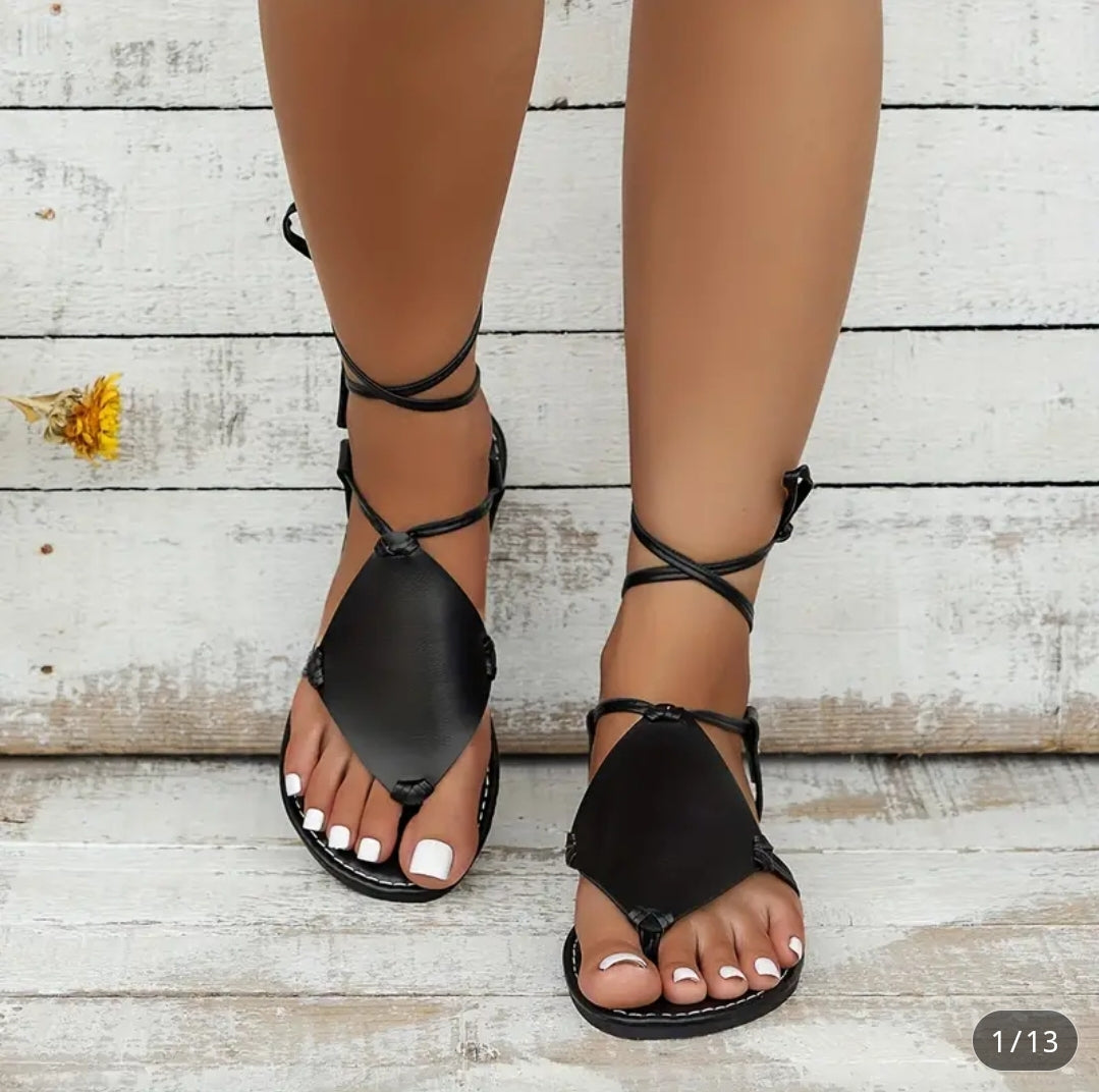 BLACK LACE UP ANKLE SANDALS