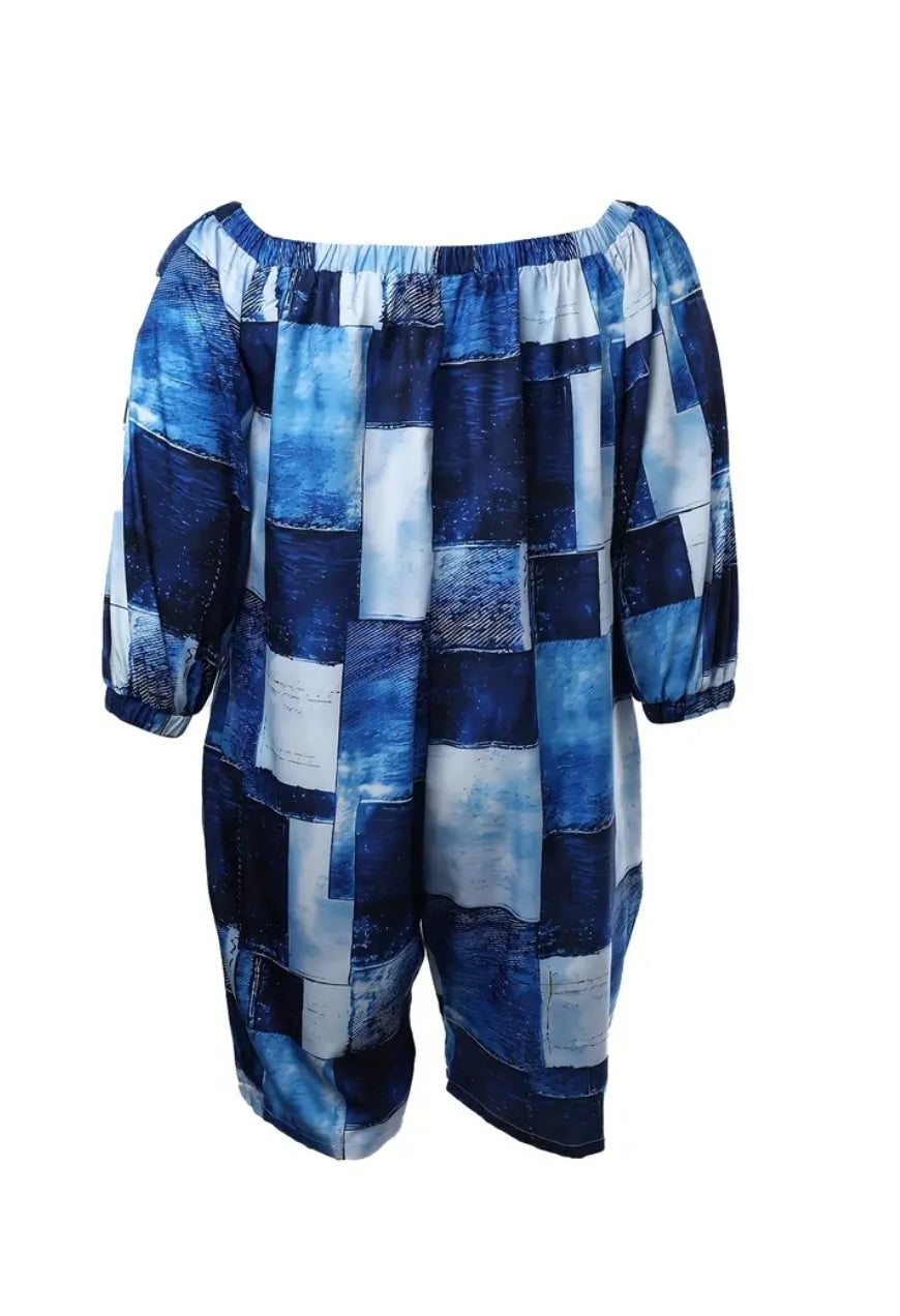 BLUE PATCHES ROMPER OUTFIT