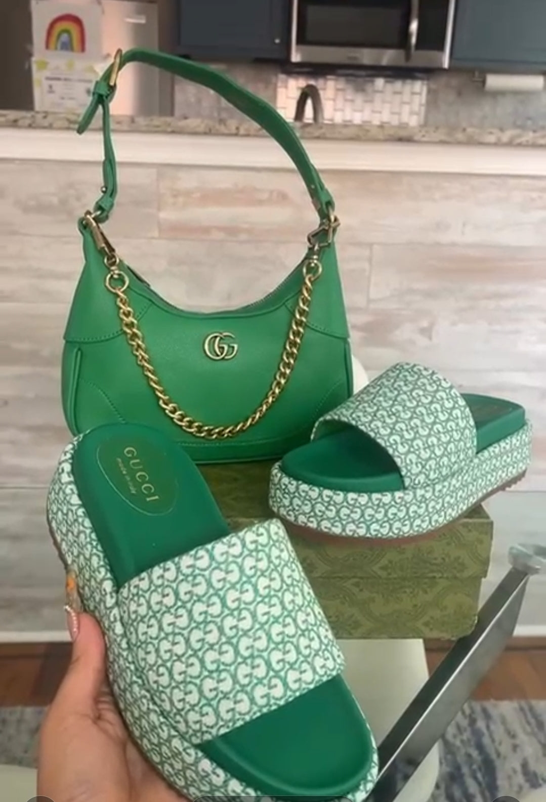 GG GREEN SET BAG & SLIDES