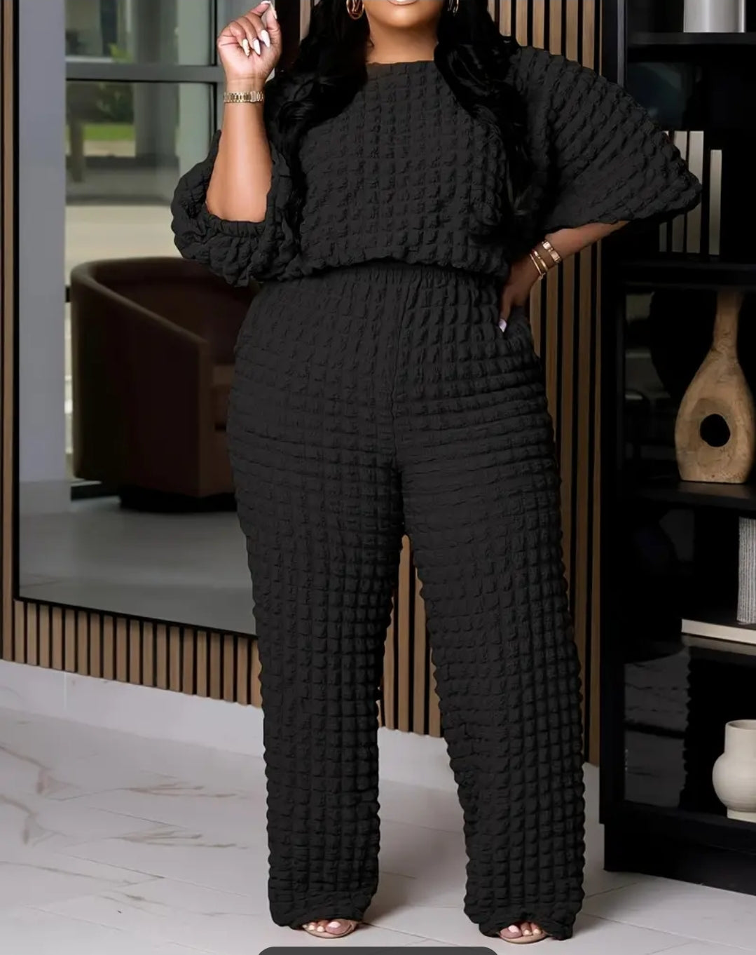 Two-piece Waffle Pattern Long Sleeve Top & Wide Leg Pants Set, Outfit