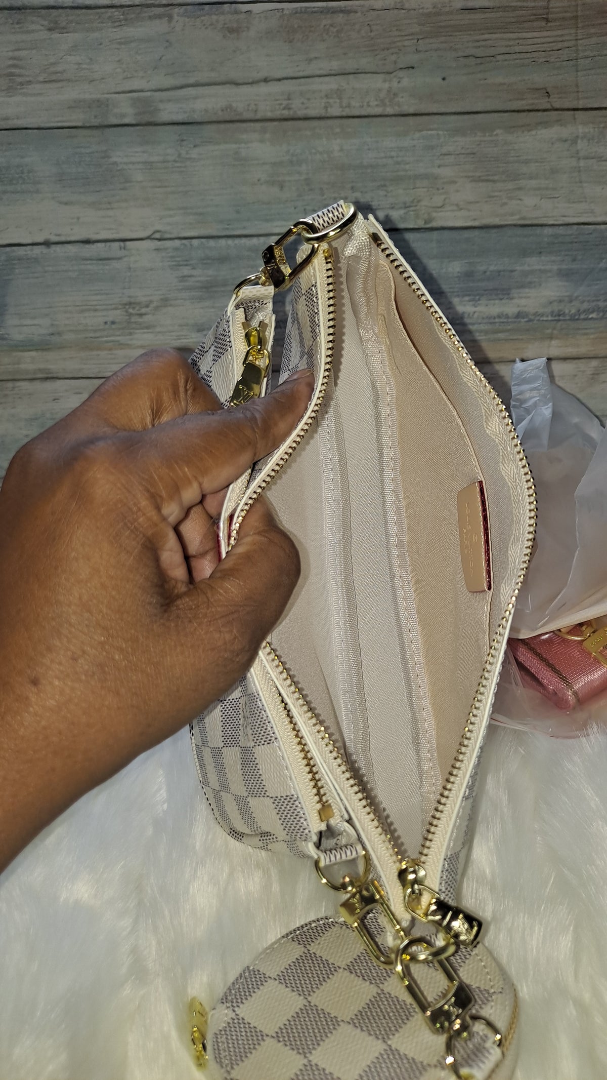 LOUISV WHITE CHECKARD 3PC CROSSBODY BAG