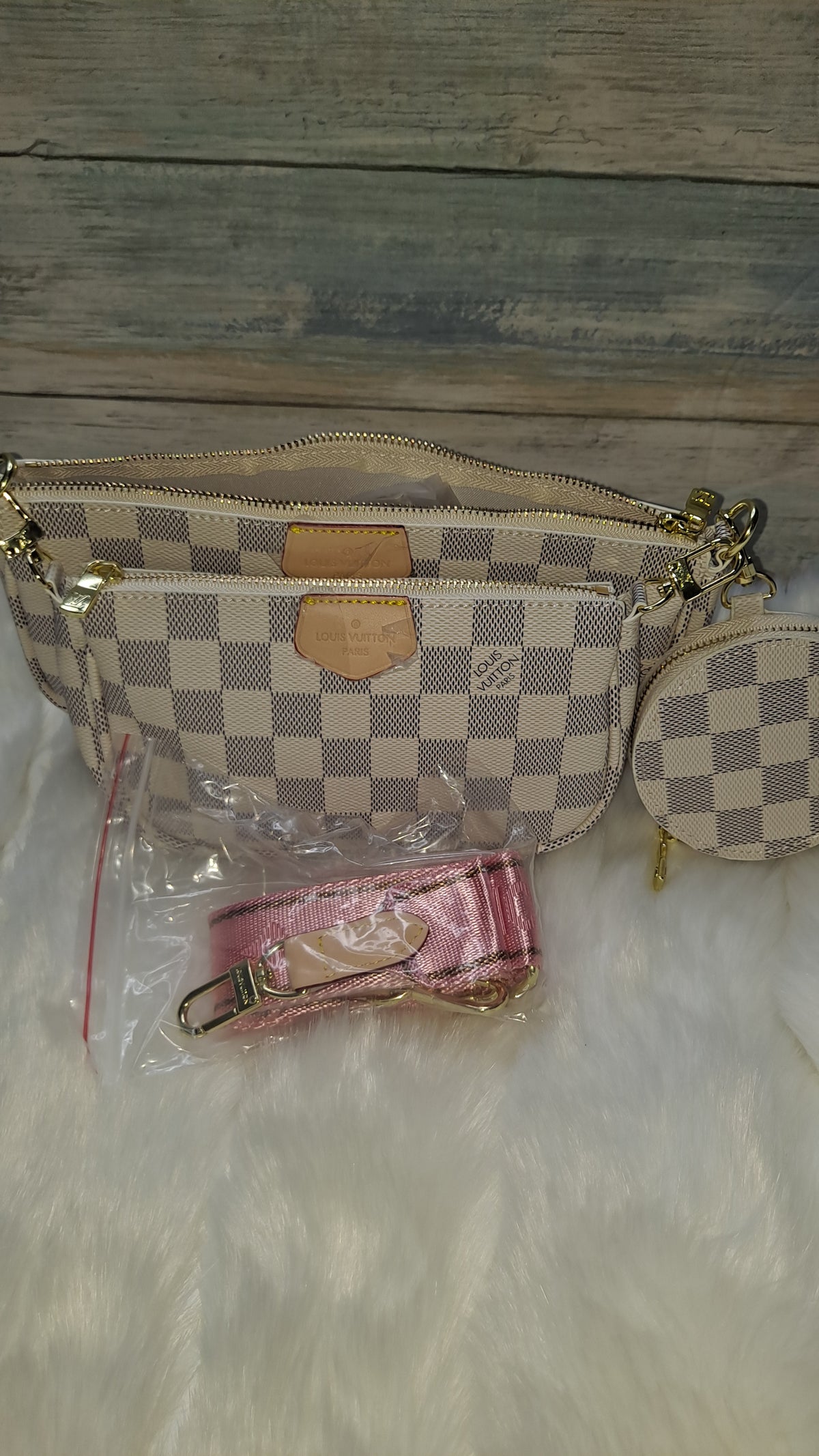 LOUISV WHITE CHECKARD 3PC CROSSBODY BAG