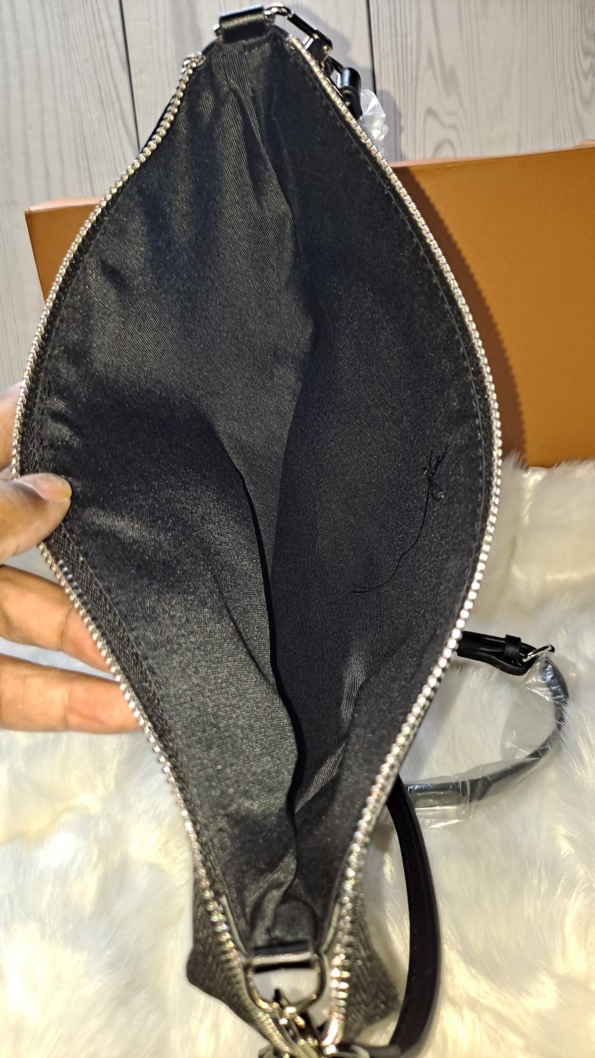 LOUISV BLACK EMBOSSED FLAT CROSSBODY BAG