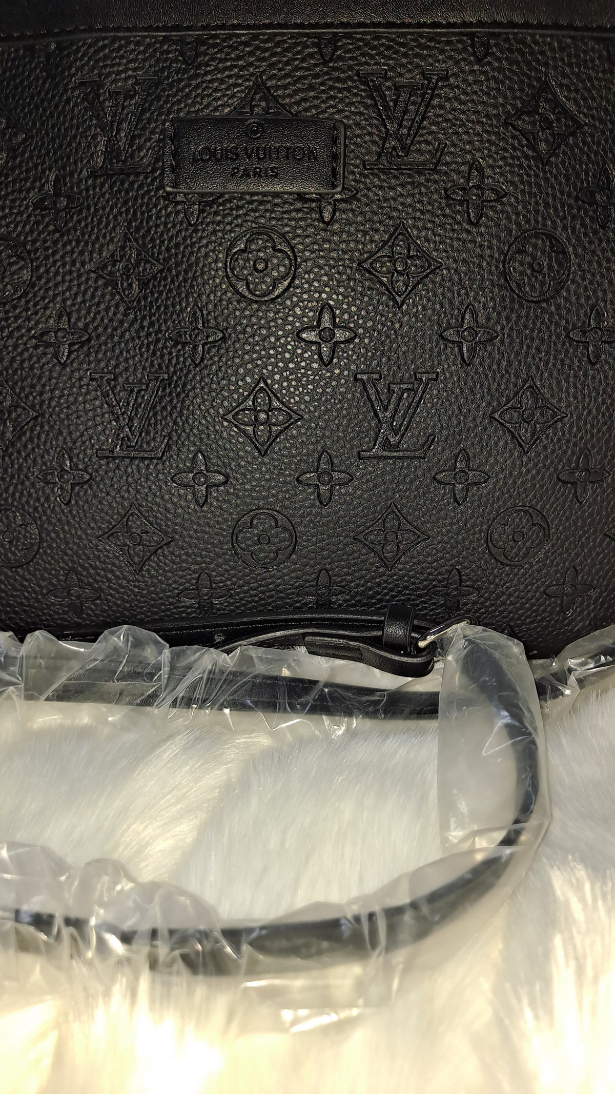 LOUISV BLACK EMBOSSED FLAT CROSSBODY BAG