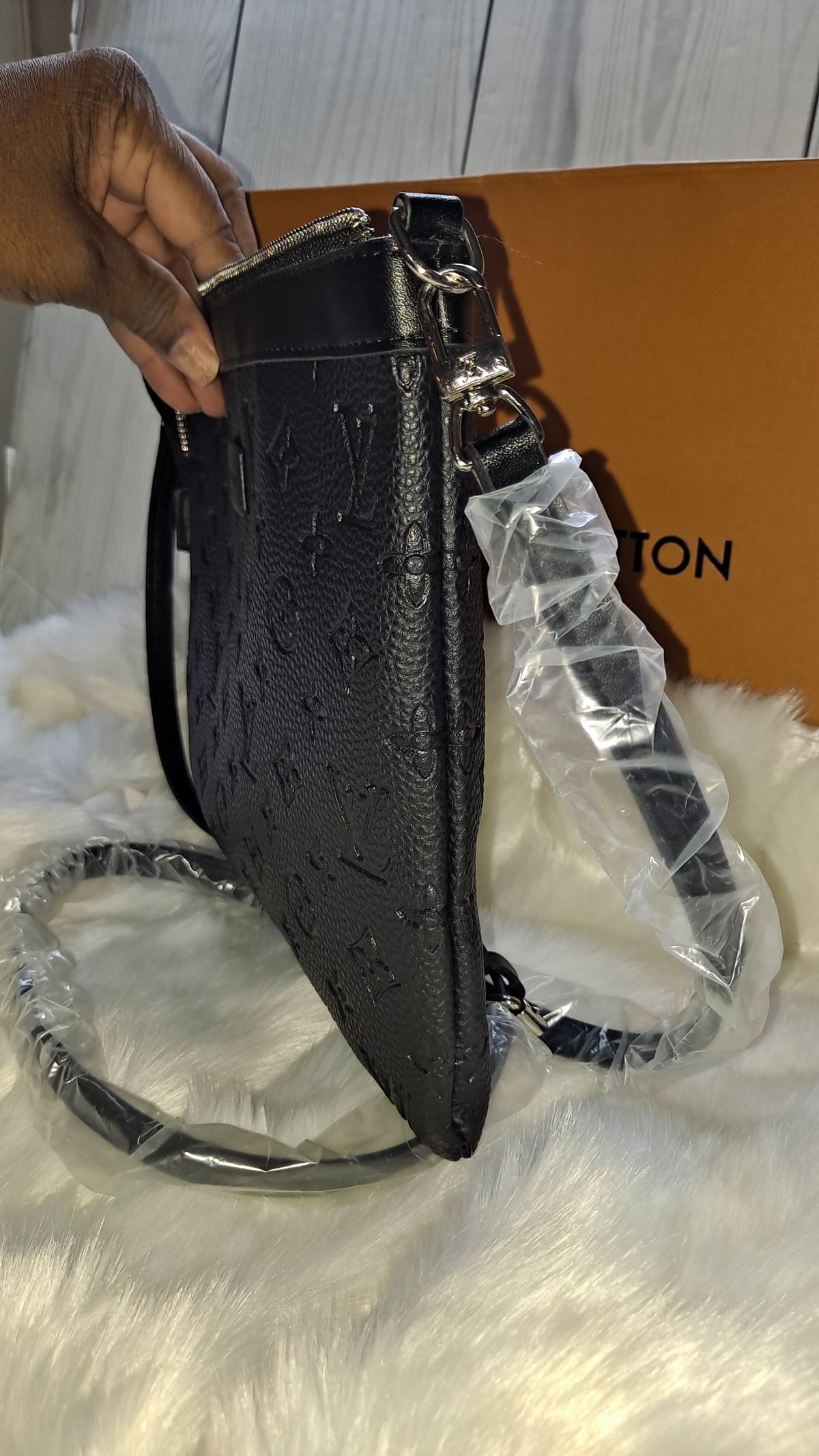 LOUISV BLACK EMBOSSED FLAT CROSSBODY BAG