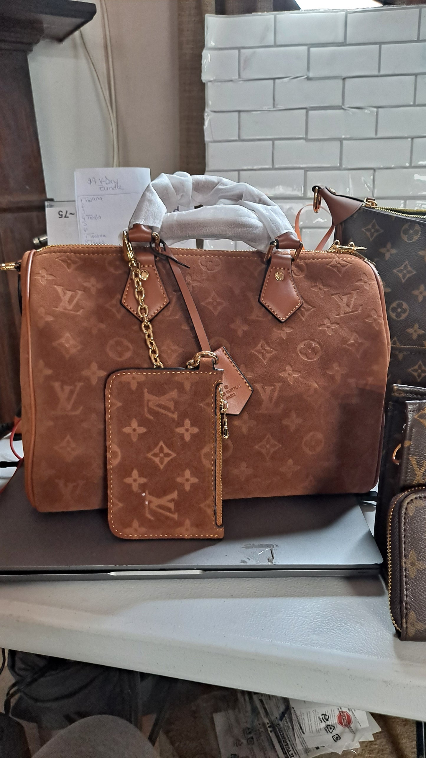LV SUEDE SPEEDY 35CM CROSSBODY BAG & COIN PURSE