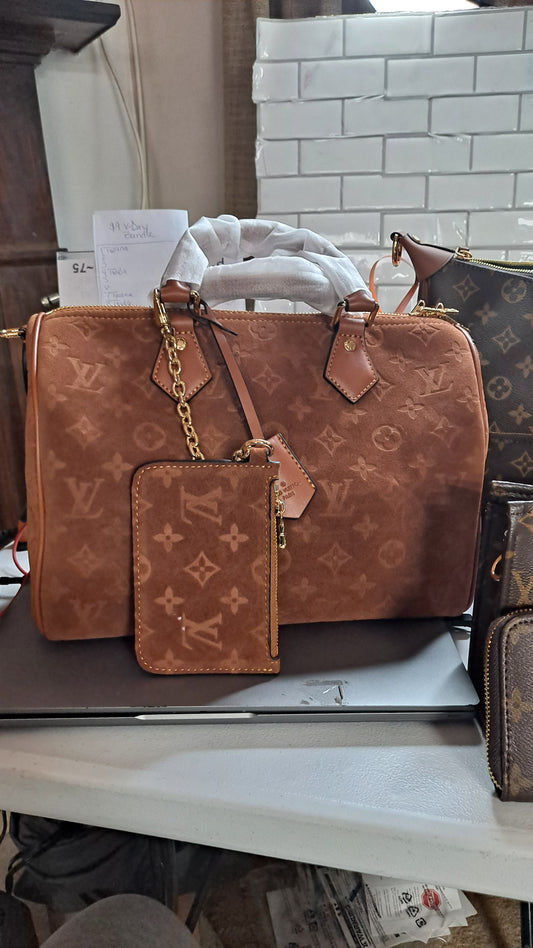 LV SUEDE SPEEDY 35CM CROSSBODY BAG & COIN PURSE