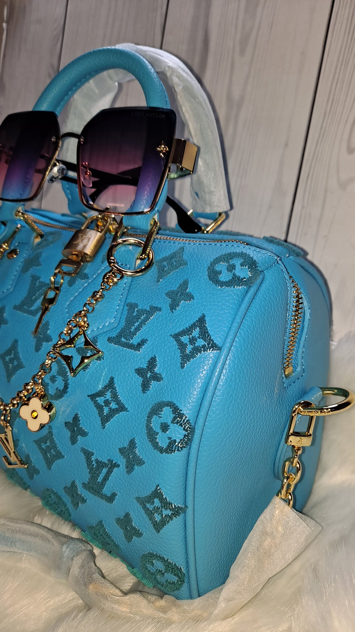 LOUISV TURQUOISE 30" CM SPEEDY CROSSBODY BAG