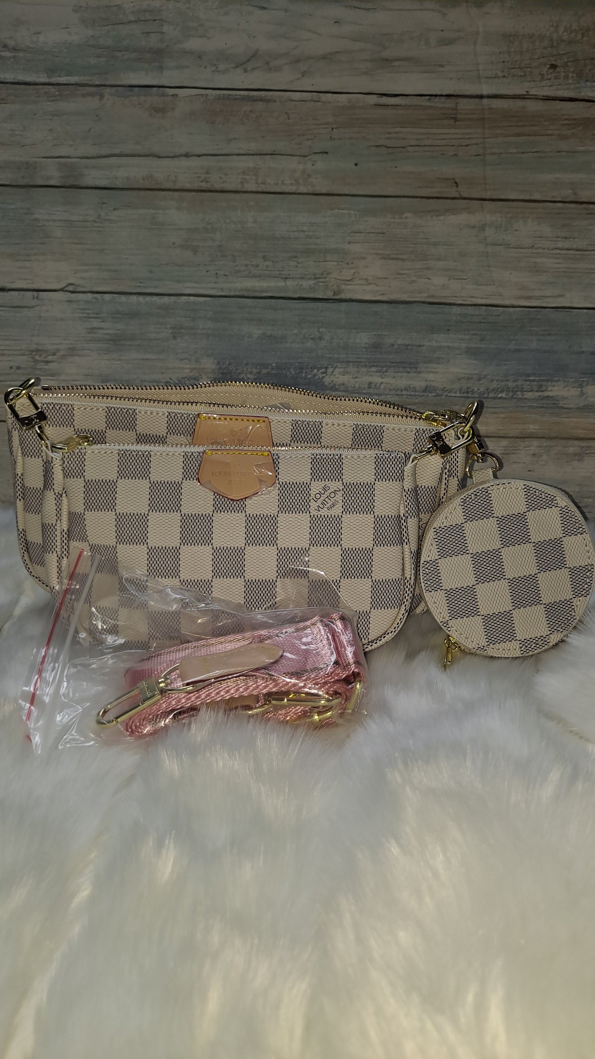 LOUISV WHITE CHECKARD 3PC CROSSBODY BAG