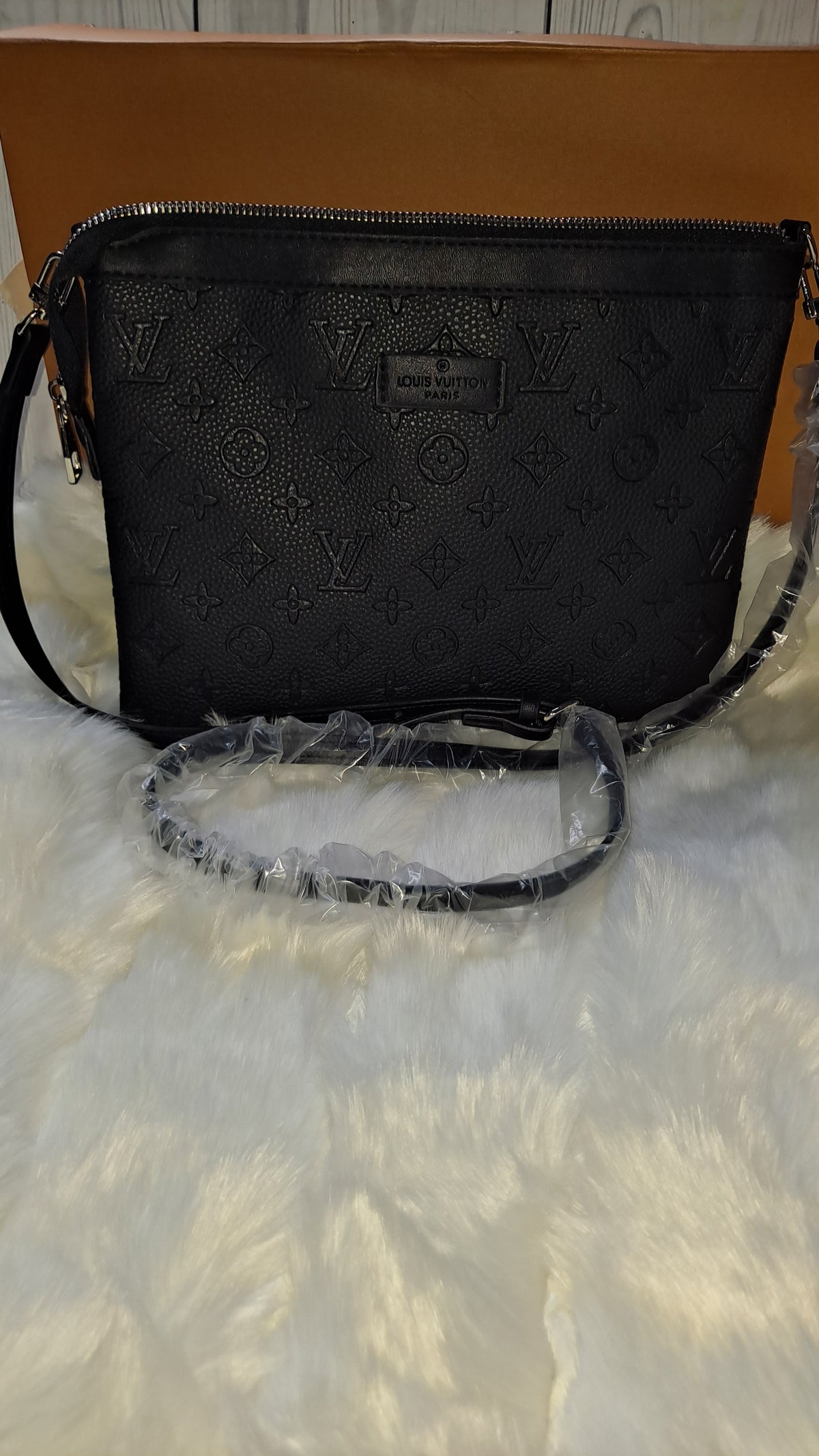LOUISV BLACK EMBOSSED FLAT CROSSBODY BAG