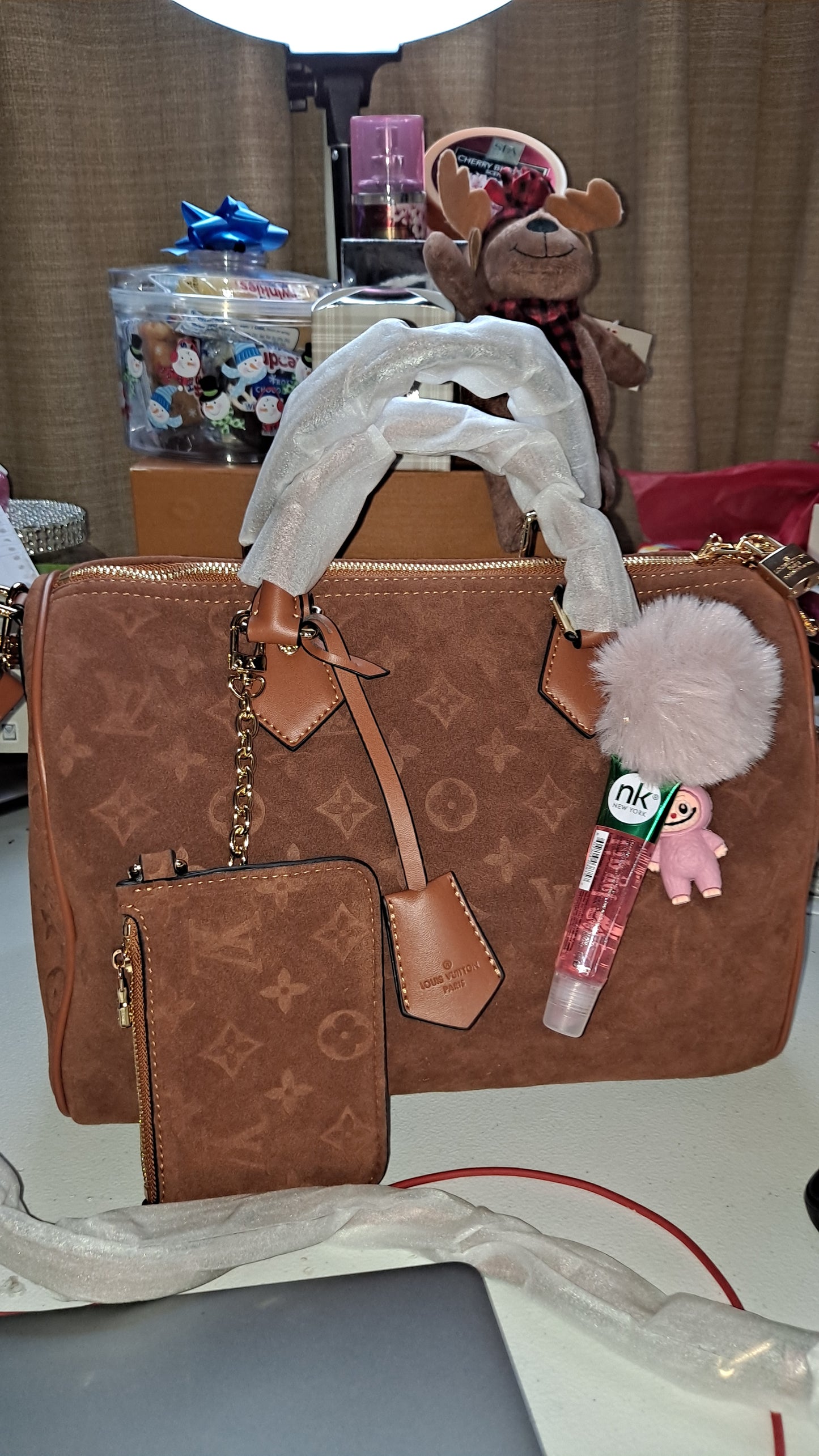 LV SUEDE SPEEDY 35CM CROSSBODY BAG & COIN PURSE
