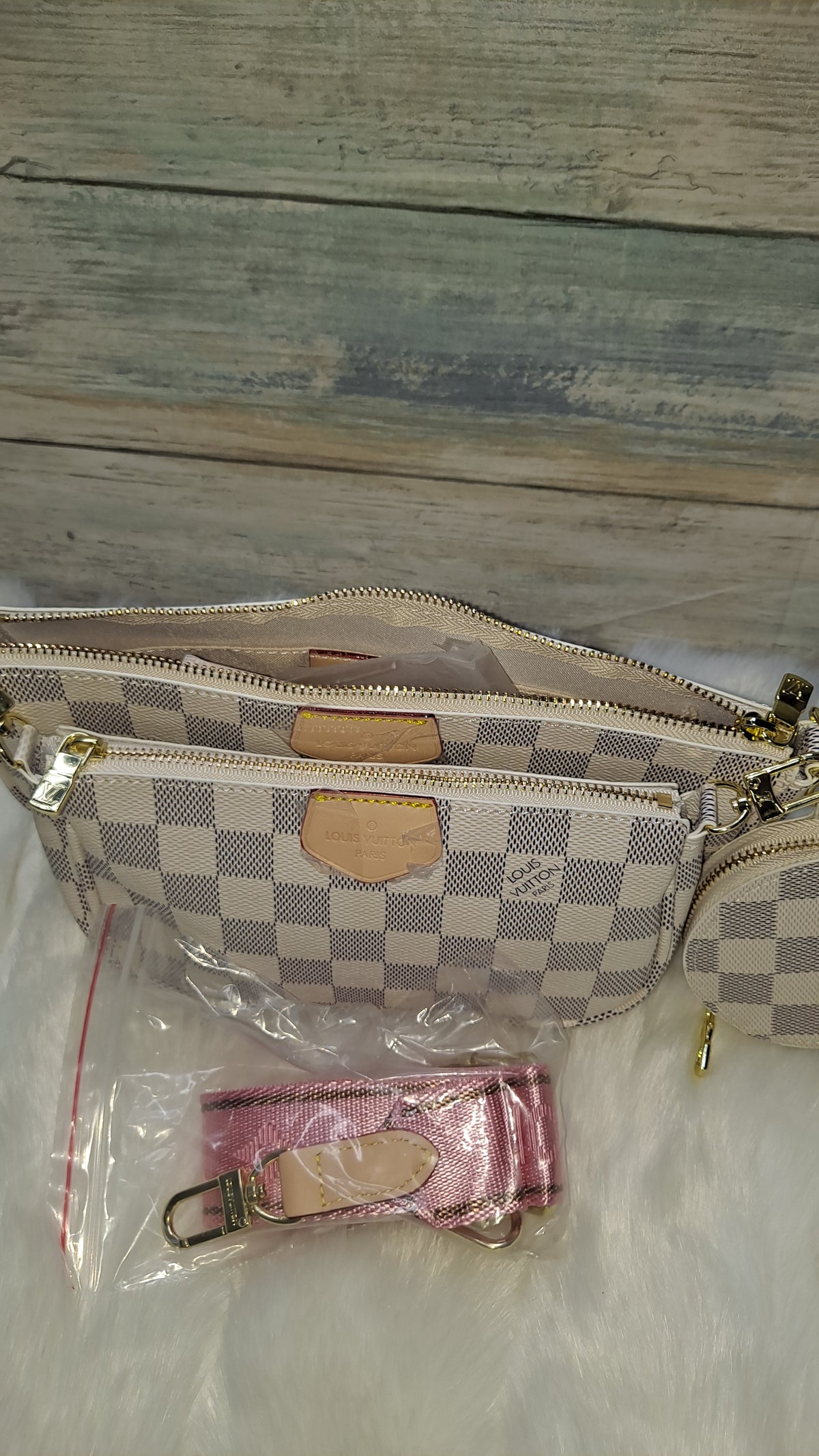 LOUISV WHITE CHECKARD 3PC CROSSBODY BAG