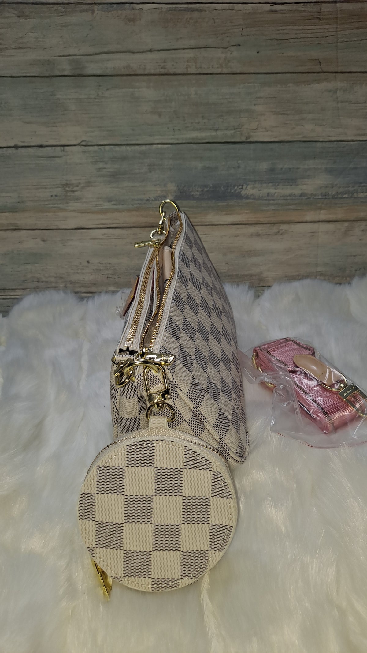 LOUISV WHITE CHECKARD 3PC CROSSBODY BAG