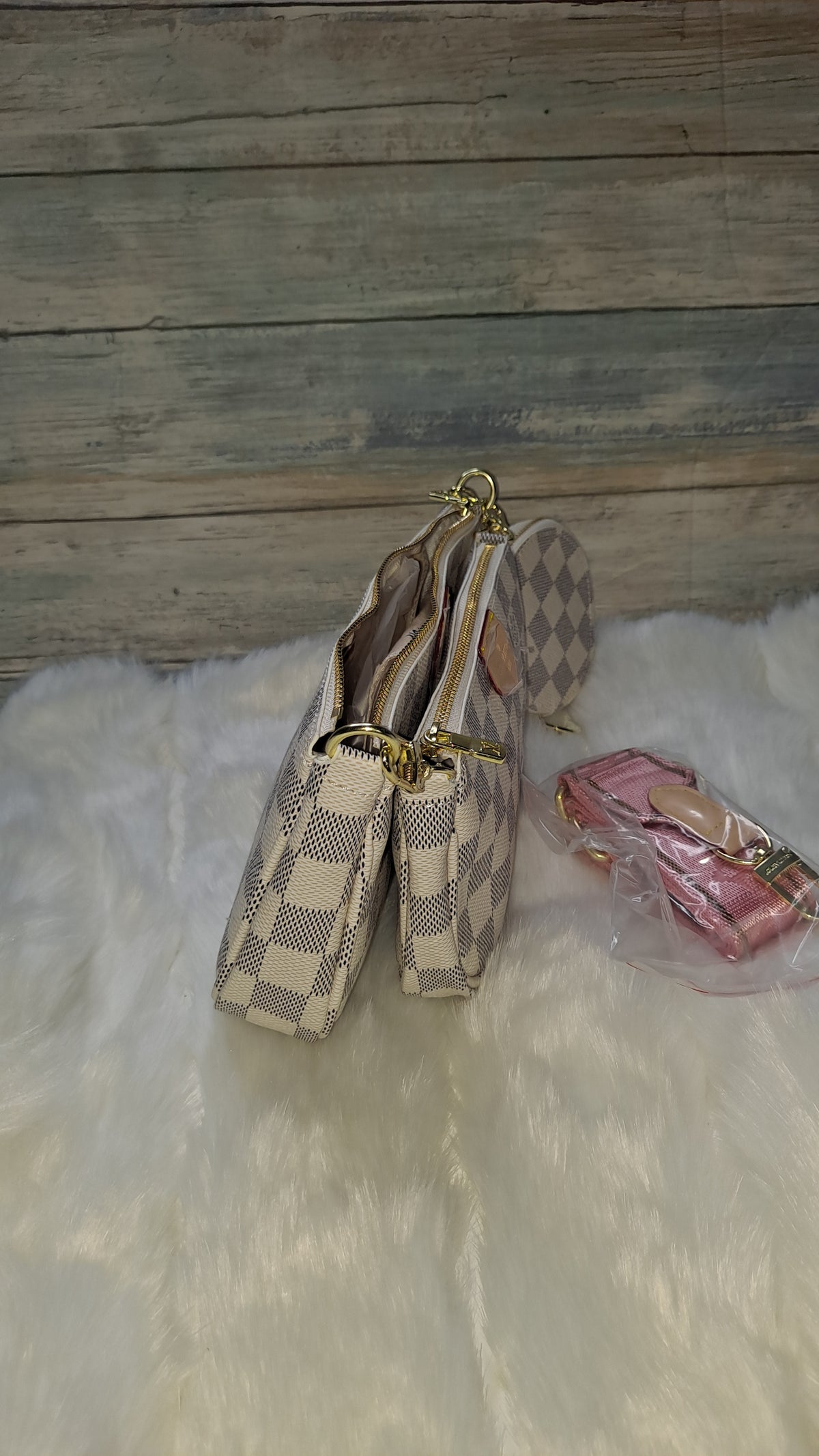 LOUISV WHITE CHECKARD 3PC CROSSBODY BAG