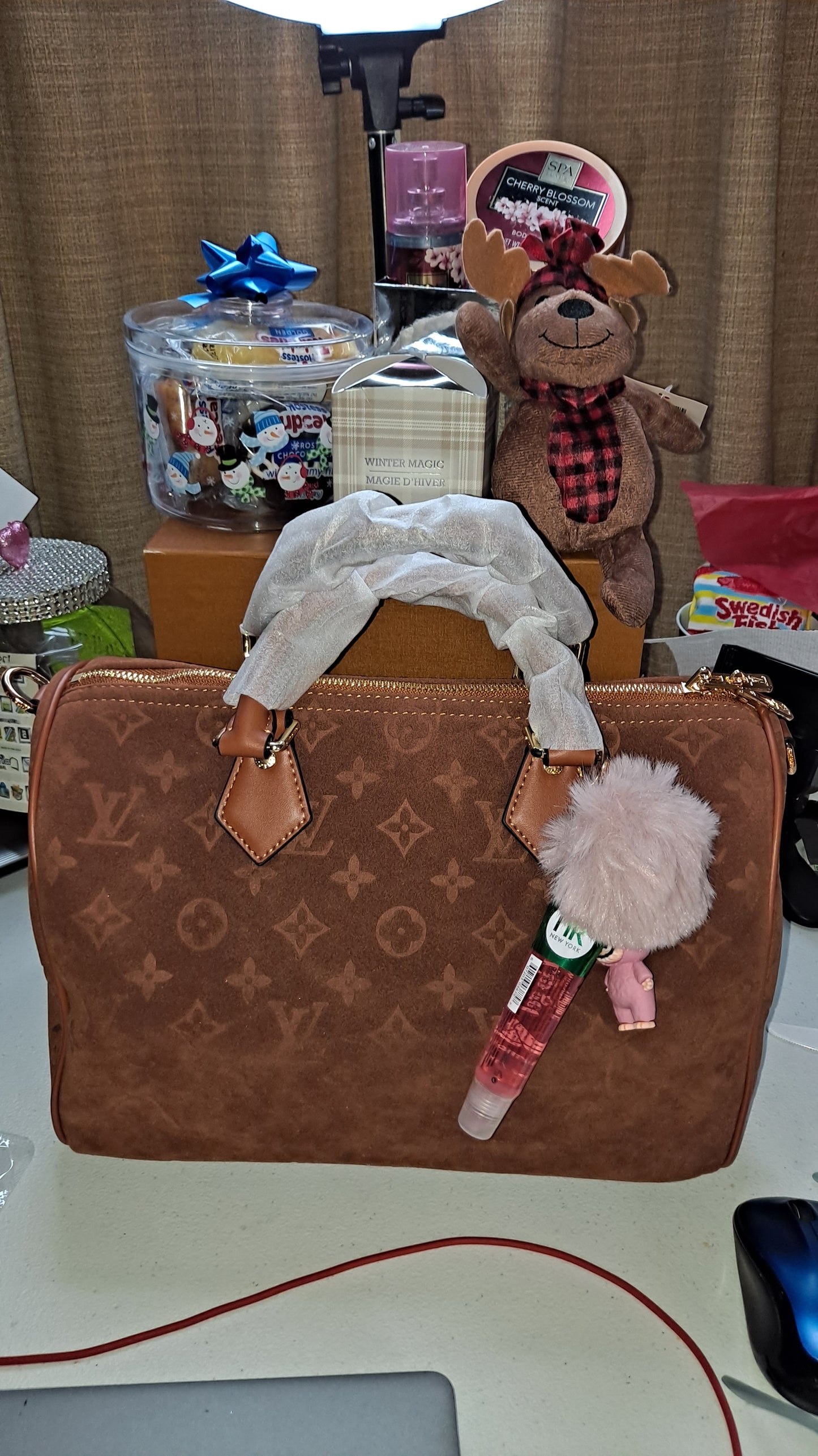 LV SUEDE SPEEDY 35CM CROSSBODY BAG & COIN PURSE